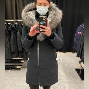 TRISH Powder Touch down coat with silver fox fur Signature Mackage Collar